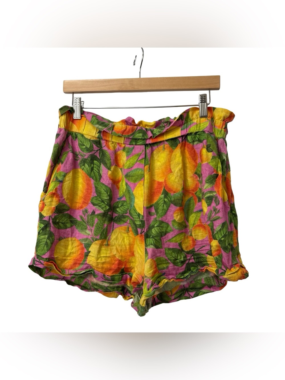 Farm Rio Orange Green Peaches Pull On Linen Blend Shorts Size M No Belt